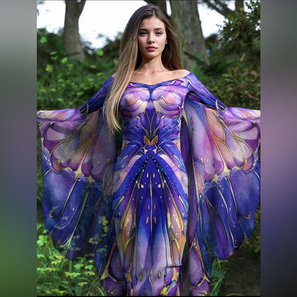 Embellished Blue and Purple Off the Shoulder Gown